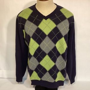 Arrow Mens V-neck Blue Gray Argyle Cotton Sweater size large